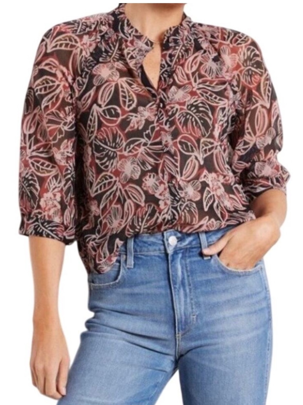 Evereve Kensie Floral Chiffon Semi Sheer Blouse Size Small